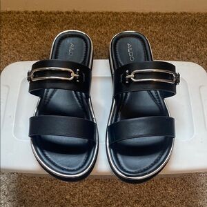 ALDO Black Double Strap Slide Sandals with Silver Hardware